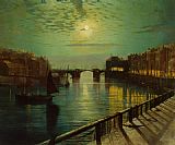 Famous Moonlight Paintings - Whitby Harbor by Moonlight